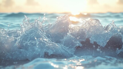 clear transparent sea waves breaking over white clean sea beach in the evening sunset.
