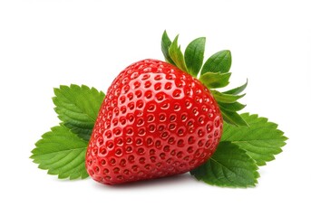 Single red strawberry with green leaves isolated on white background