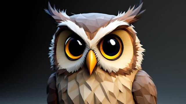 Cartoon Owl Stares, displaying intense focus in a studio setting, a digital art creation with polygonal design and charming animal illustration.