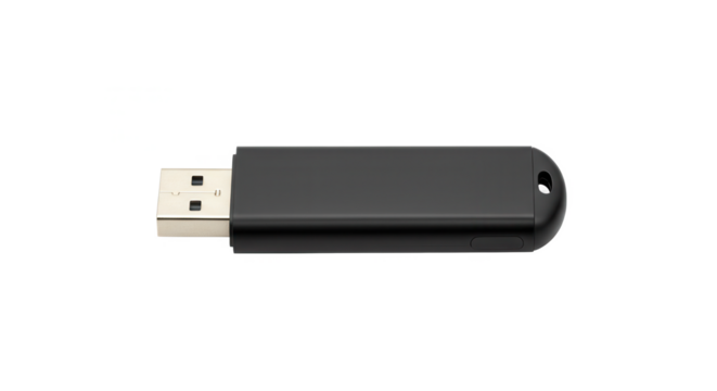 Black USB flash drive on a transparent background for storage concept  