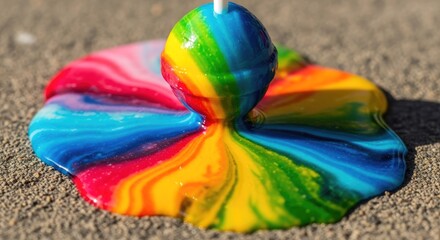 Obraz premium Vibrant rainbow lollipop melting on textured gray surface revealing colorful swirls and textures with close-up shot and bright lighting.