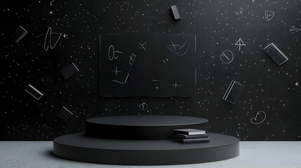 Abstract black podium with chalkboard backdrop, perfect for product presentation