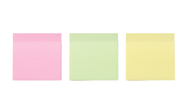 Colorful sticky notes in pink, green, and yellow on a white background Concept of transparent background  