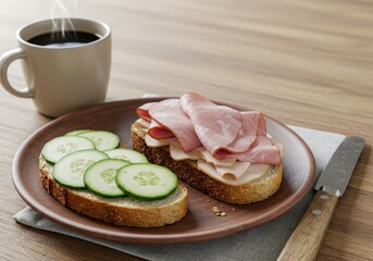Delicious open-faced sandwich with ham slices, fresh cucumber, and a cup of black coffee on a wooden table with a rustic setting