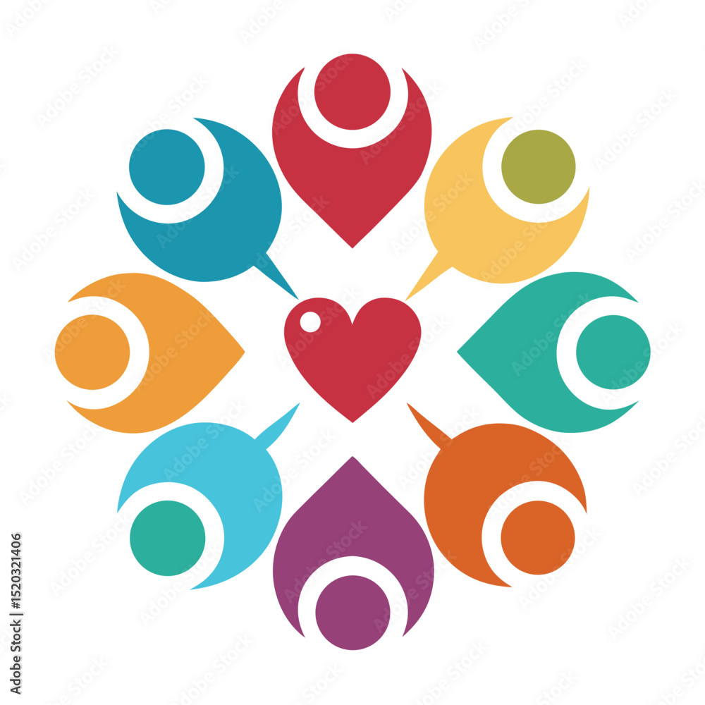 Poster abstract heart symbol surrounded by colorful shapes representing community love and unity