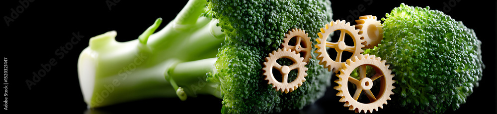 Poster a head of broccoli with florets that look like tiny, intricate green gears and cogs