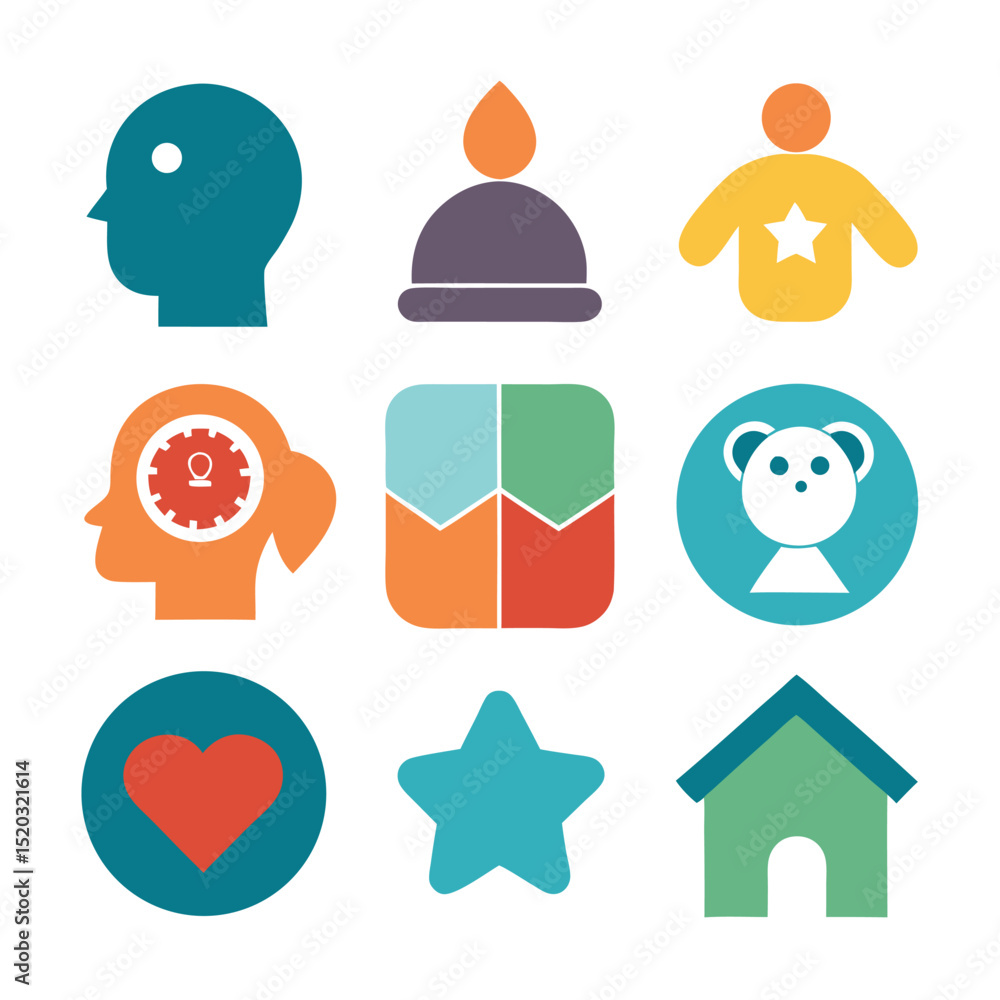 Poster collection of colorful abstract icons representing head concepts and other creative symbols