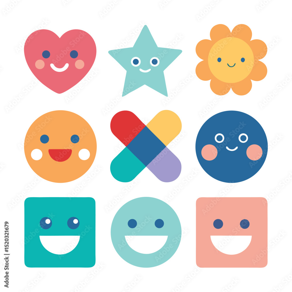 Poster collection of cute smiling shapes and symbols with playful and cheerful expressions