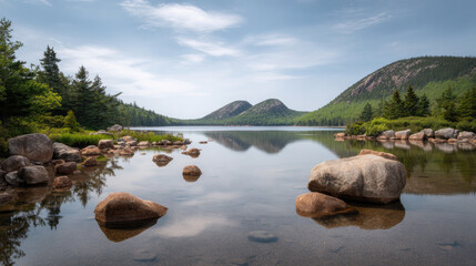 breathtaking view of acadia mountain reflected in crystalclear lake surrounded by lush greenery and majestic peaks