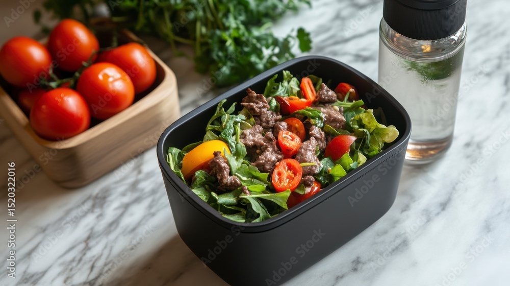 Poster healthy beef salad in a black container with cherry tomatoes and herbs.