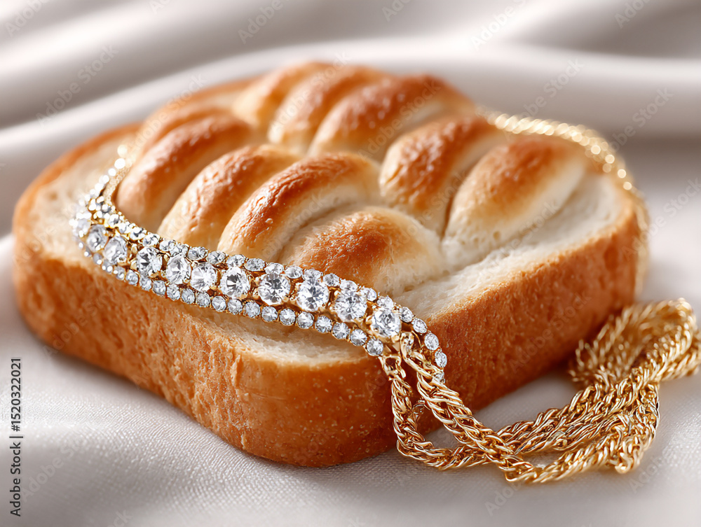 Poster close-up of a slice of bread with a texture resembling woven gold threads, intricate pattern,