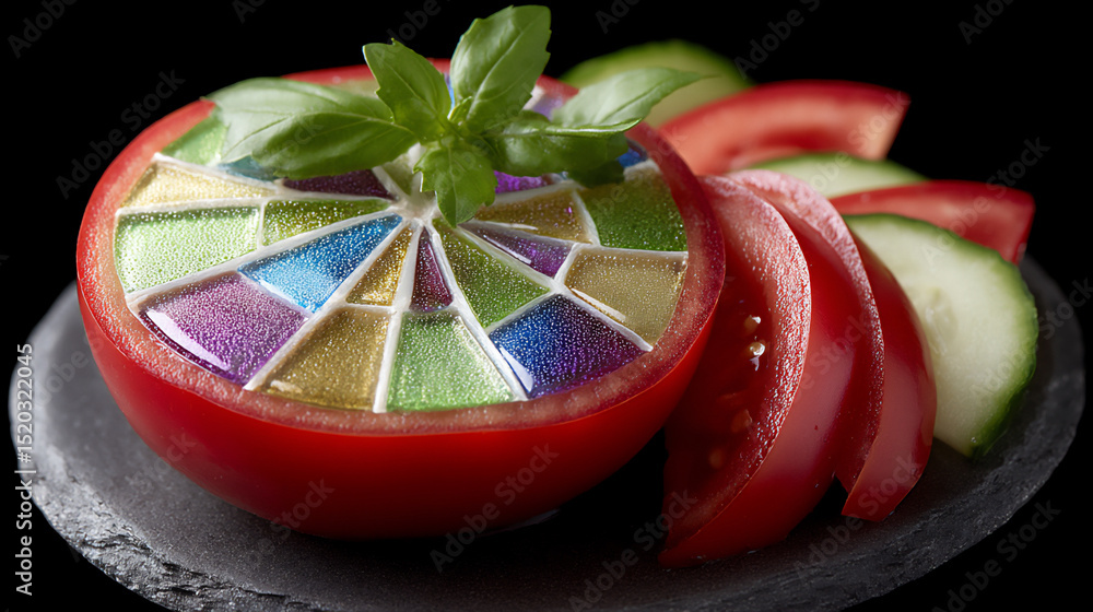 Poster close-up of a slice of tomato with its flesh transformed into a mosaic of tiny