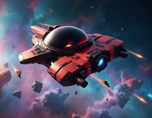 A sleek black and red spacecraft flying through a colorful nebula