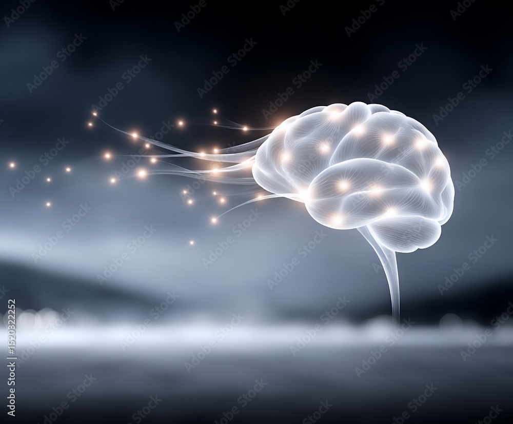 Poster a network of glowing neural pathways forming the shape of a human brain within a digital landscape