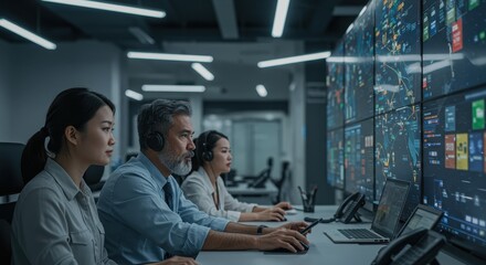 Professionals Analyzing Data on Multiple Screens in Modern Office Environment Focused on Technology, Collaboration, and Strategic Planning