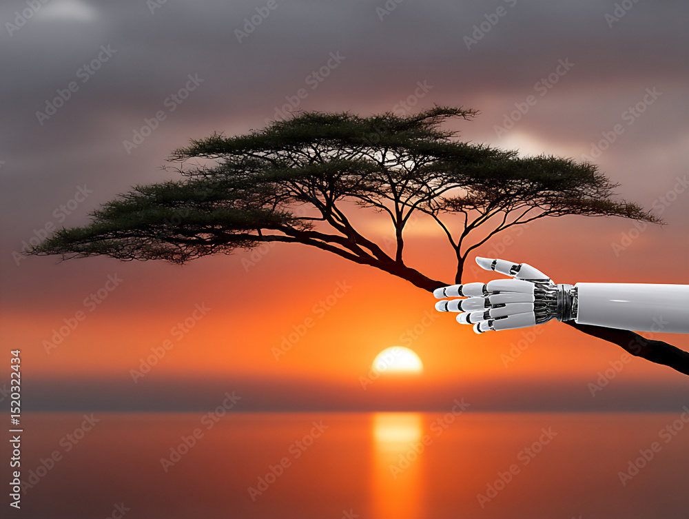 Poster a tree with branches that transform into intricate mechanical arms, reaching towards a digital sun