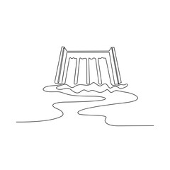 One continuous line drawing of a Dam with water flow to the rice field irrigation system vector illustration. National development theme design in simple linear concept. Suitable for your asset design