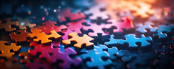 Colorful puzzle pieces scattered