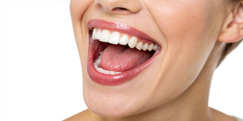 woman's mouth, teeth and sticking out tongue, isolated PNG