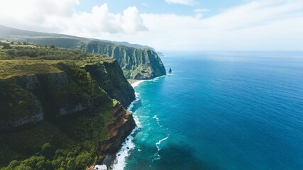 Obraz premium Aerial View of Tropical Island Coastline with Cliffs and Turquoise Ocean Waters on a Sunny Day