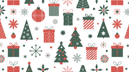 Festive christmas pattern with trees gifts snowflakes and ornaments in red and green on white background