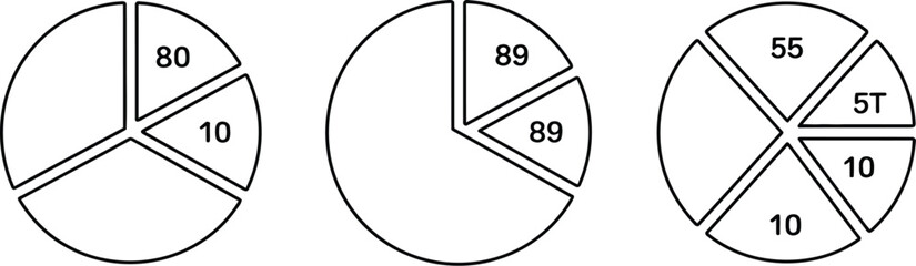 Three pie charts displaying different data sets with varying segment sizes and numerical values shown inside