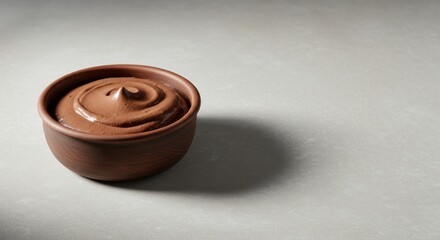 Small bowl of chocolate pudding or mousse on a neutral surface.