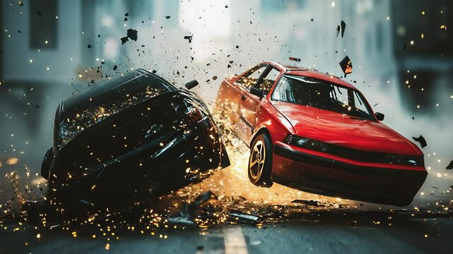 Dramatic Car Crash Collision: Black and Red Vehicles Impacting with Debris and Sparks in an Urban Setting, High Speed Accident