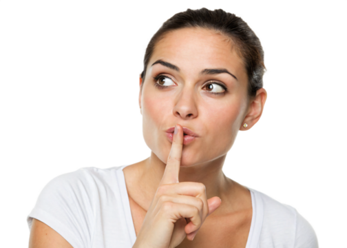 woman making 'shh' silence gesture, isolated PNG transparent background