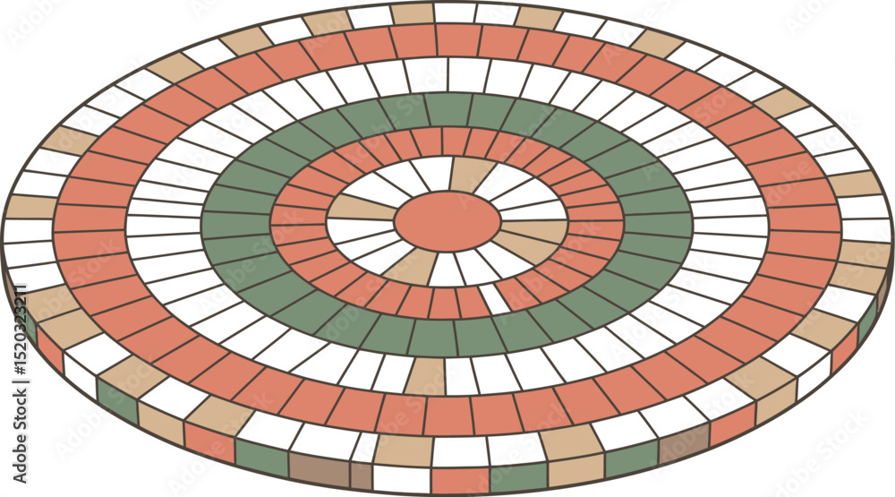 Poster a circular patio design with alternating colors of green orange and beige blocks in a concentric pat