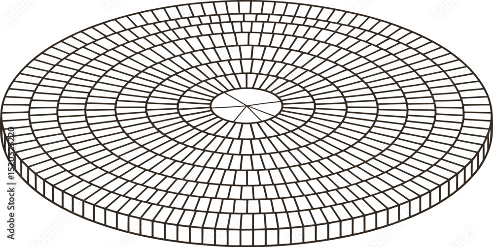 Poster a circular platform made of small rectangular blocks arranged in concentric circles on white backgro