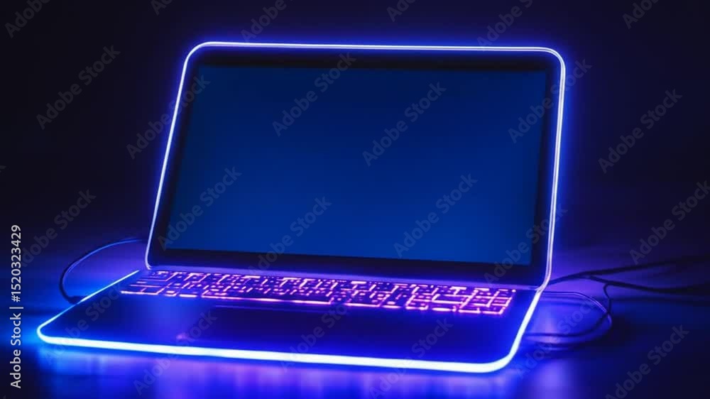 Poster futuristic laptop with neon lights display on a dark background for technology concepts