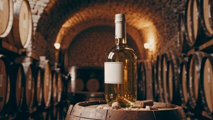 Elegant wine journey in rustic cellar: atmosphere, bottle, barrel, wooden, light wine appreciation concept