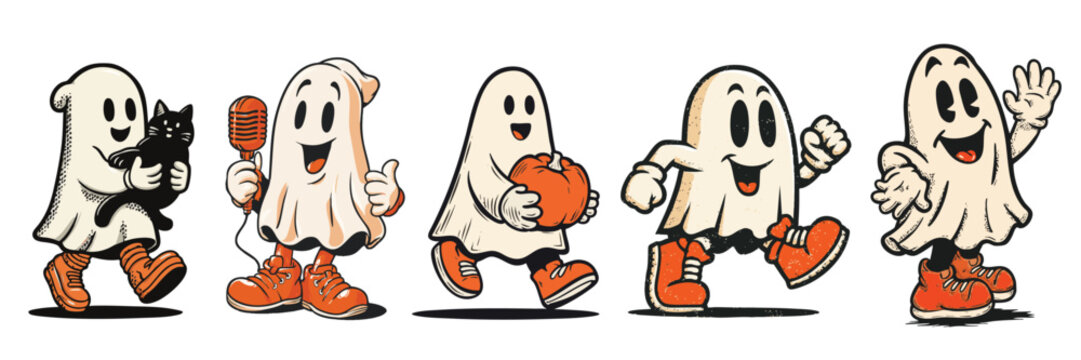 halloween ghost cartoon mascot character with expressive faces and gestures