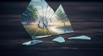 Broken glass reflecting a serene landscape with trees a river and a sunny sky rests on a weathered wooden surface. Scattered glass shards create a dramatic and symbolic visual.