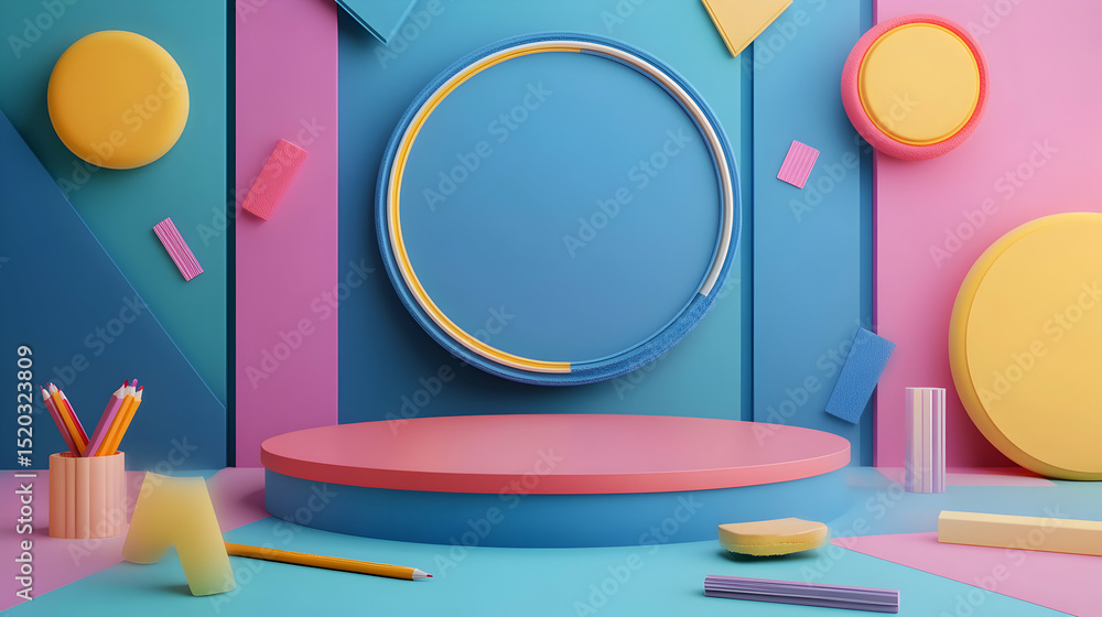 Poster colorful abstract 3d rendering of podium with geometric shapes and stationery elements