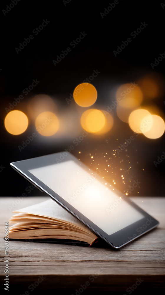 Poster a stark visual: a traditional book with paper pages versus a modern e-reader with a glowing screen