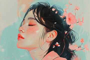 Asian woman, pastel colors background