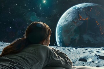 Woman lying down watching the planet earth from the moon