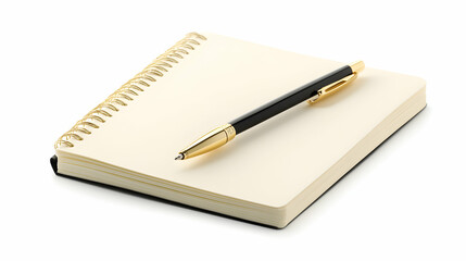 Elegant black and gold pen resting on a blank spiral notebook isolated on white
