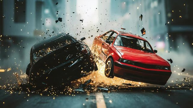 Dramatic Car Crash Scene: Two Vehicles Colliding in a High-Impact Accident with Shattered Glass and Debris on Urban Street