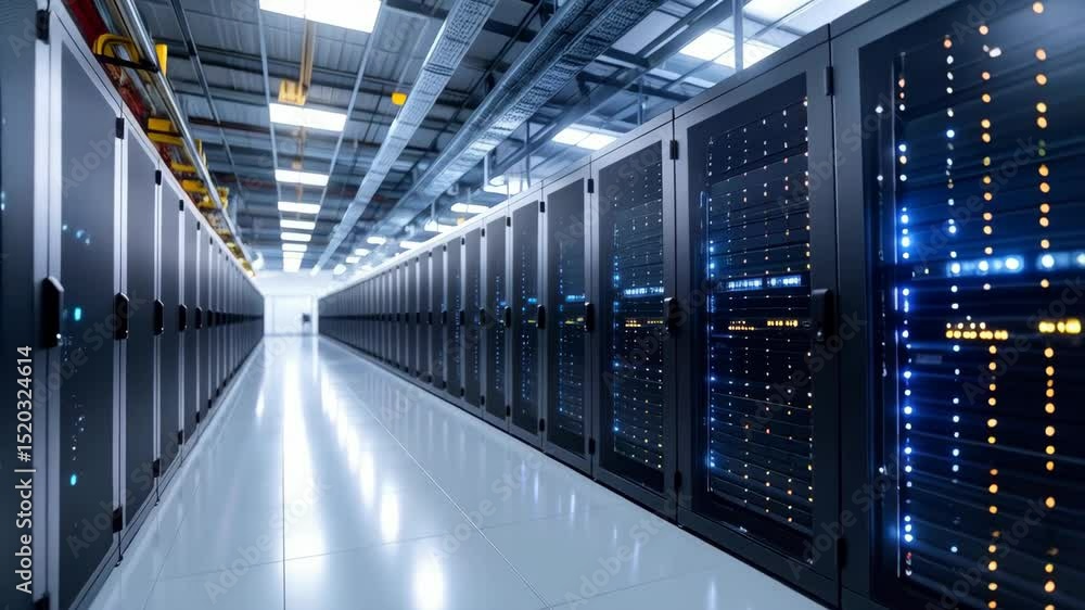 Poster data center with server racks in a long corridor with shiny floor, providing cloud computing and dat