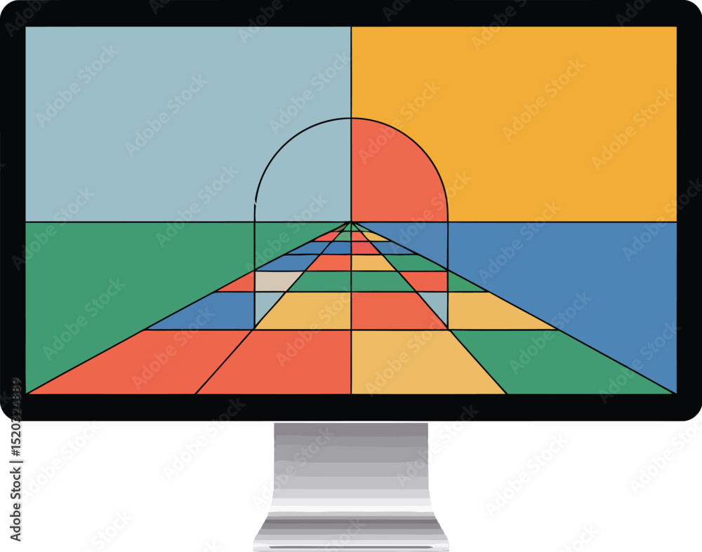 Poster a computer monitor displaying an abstract geometric pattern with vibrant colors and a central vanish