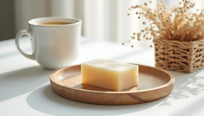 A wooden tray with a bar of soap on it next to a cup of coffee