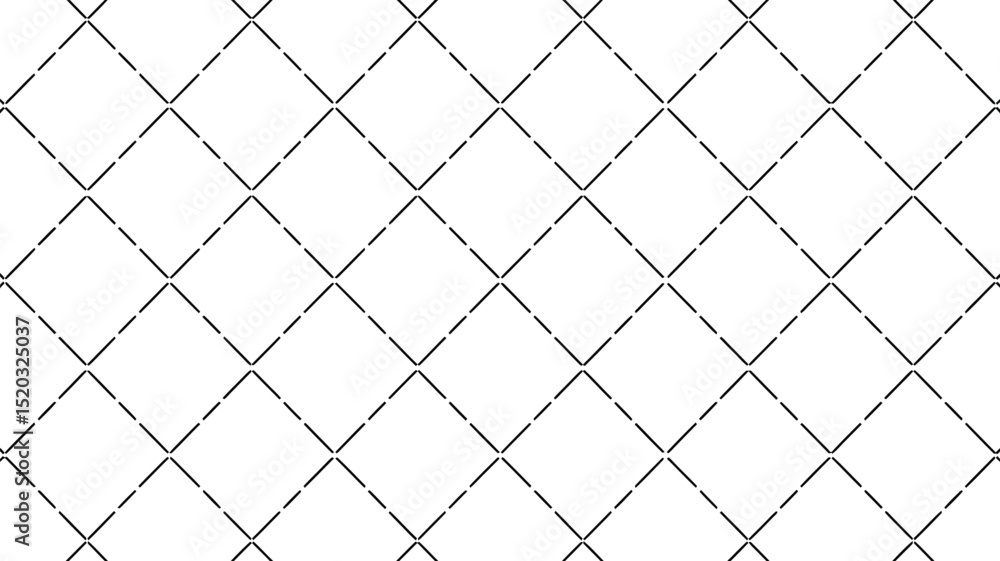 Poster white background with black diamond pattern consisting of solid and dashed lines in a seamless desig