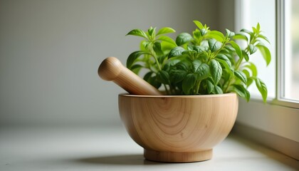 Fototapeta premium A wooden mortar and pestle filled with fresh green herbs on a windowsill