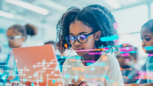 Focused Girl Coding on Laptop