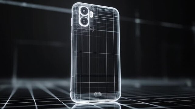 Holographic phone model with wireframe structure rotating on a grid background