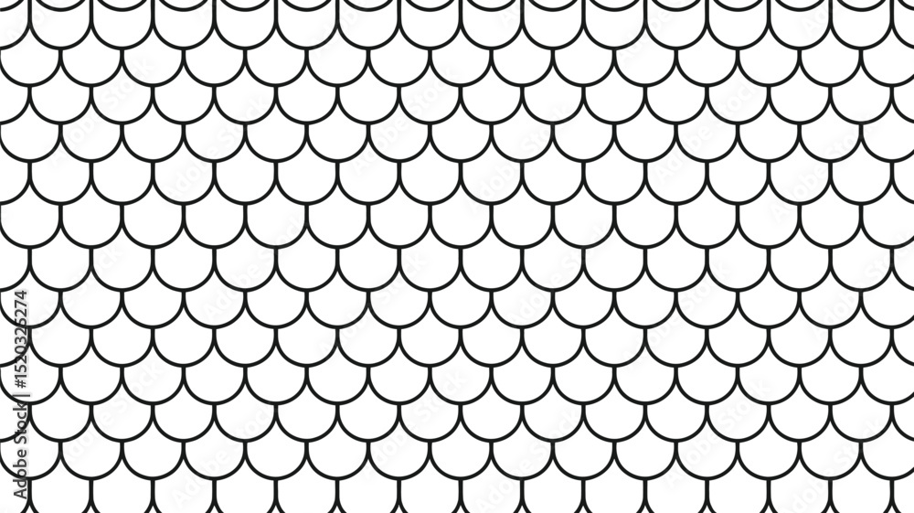 Poster a repeating pattern of overlapping black semi circles on a white background creating a scale like ef