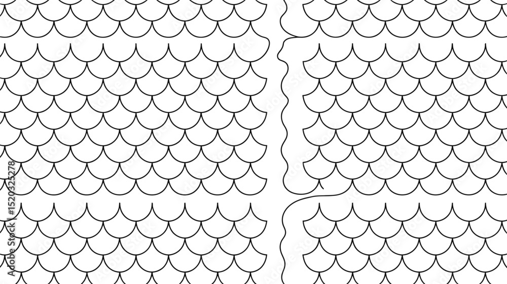 Poster a repeating pattern of overlapping semicircles resembling fish scales in a black and white design st